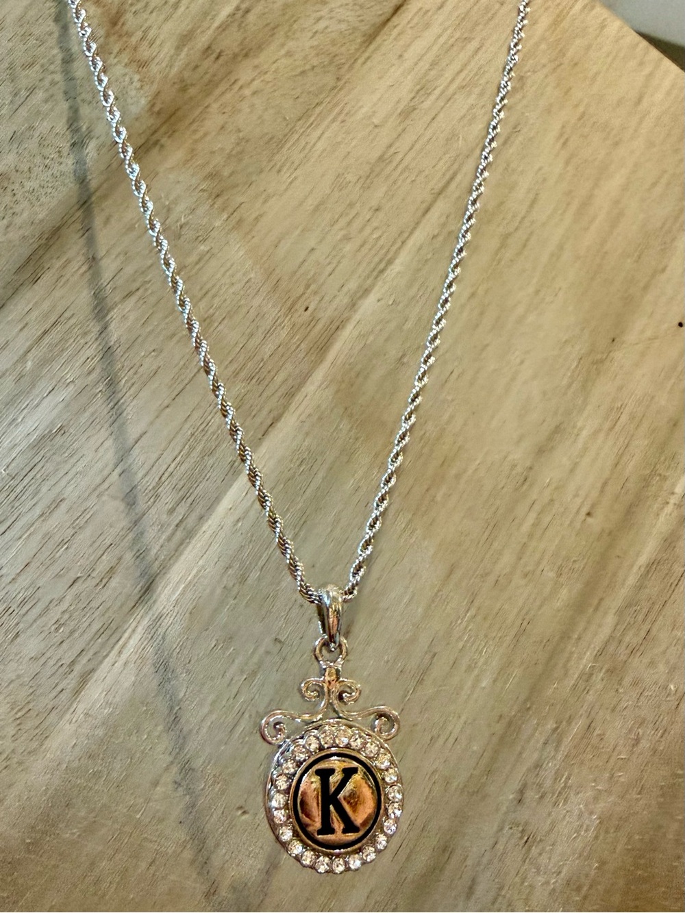 K Initial Silver Pendant Necklace with Crystal Halo